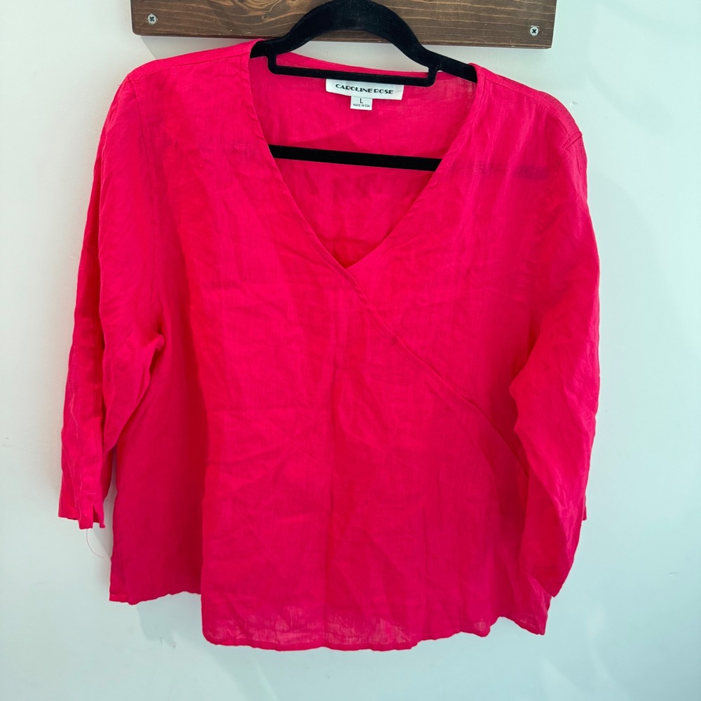 Vintage Caroline Rose Pink‎ 100% Linen V-Neck 3/4 Sleeve Faux Wrap Blouse Top L